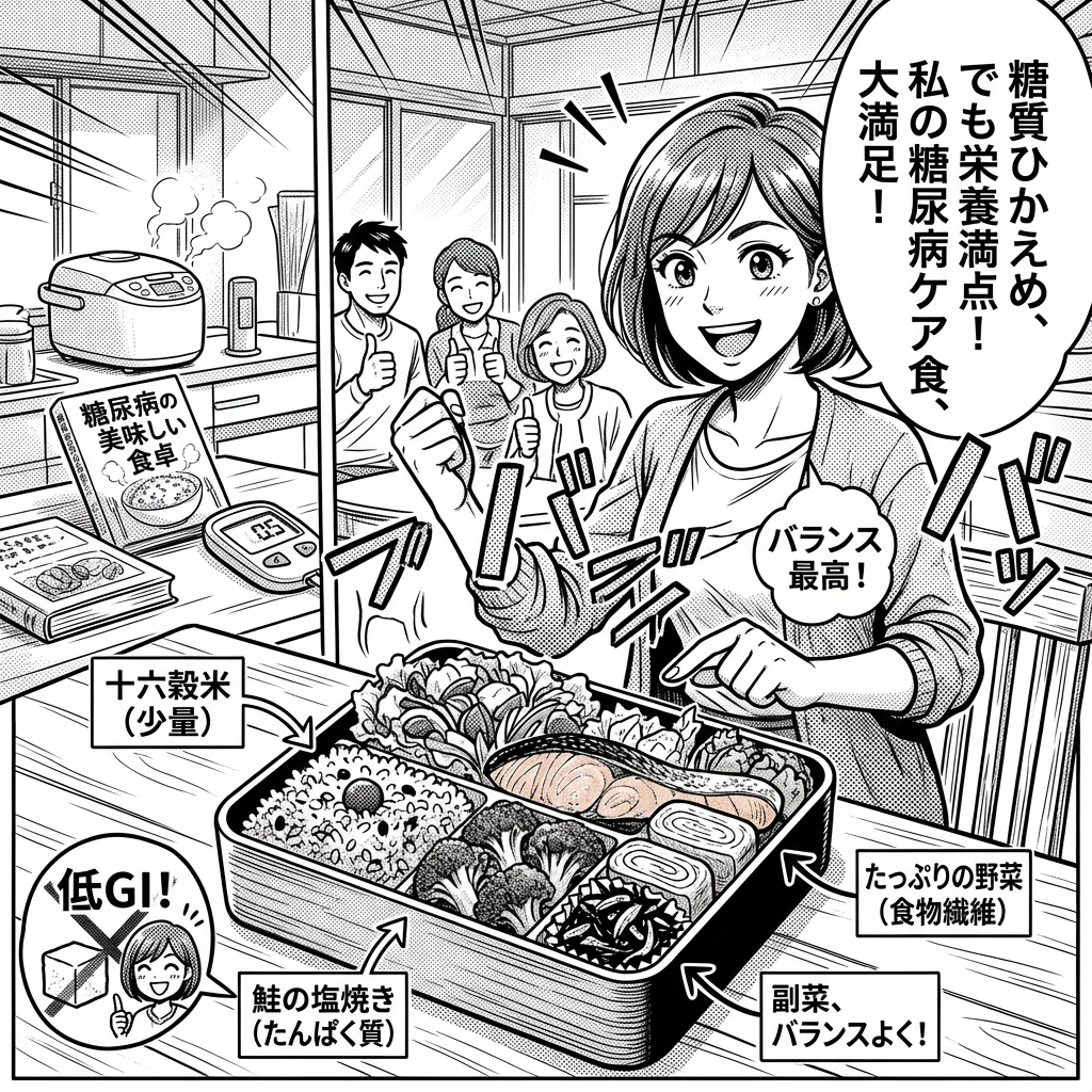 Diabetes care bento with salmon, vegetables, and grains with labels showing nutritional benefits and happy woman explaining balance